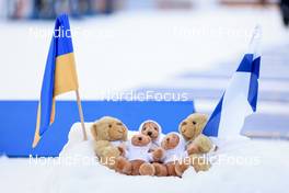 03.03.2022, Kontiolahti, Finland (FIN): Event Feature: mascot holding Ukrainian flag and Finnish flags, Event Feature: - IBU World Cup Biathlon, relay women, Kontiolahti (FIN). www.nordicfocus.com. © Manzoni/NordicFocus. Every downloaded picture is fee-liable.