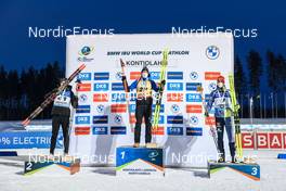 05.03.2022, Kontiolahti, Finland (FIN): Filip Fjeld Andersen (NOR), Quentin Fillon Maillet (FRA), Johannes Kuehn (GER), (l-r) - IBU World Cup Biathlon, sprint men, Kontiolahti (FIN). www.nordicfocus.com. © Manzoni/NordicFocus. Every downloaded picture is fee-liable.