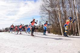 13.03.2022, Otepaeae, Estonia (EST): Kristo Siimer (EST), David Komatz (AUT), Michal Krcmar (CZE), Thomas Bormolini (ITA), Roman Rees (GER), Simon Desthieux (FRA), Jesper Nelin (SWE), (l-r) - IBU World Cup Biathlon, mixed relay, Estonia (EST). www.nordicfocus.com. © Manzoni/NordicFocus. Every downloaded picture is fee-liable.