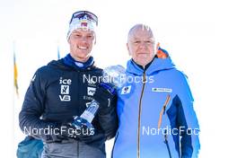 20.03.2022, Oslo, Norway (NOR): Sivert Guttorm Bakken (NOR), Olle Dahlin (SWE), IBU President, (l-r)  - IBU World Cup Biathlon, mass men, Oslo (NOR). www.nordicfocus.com. © Manzoni/NordicFocus. Every downloaded picture is fee-liable.
