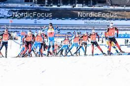 20.03.2022, Oslo, Norway (NOR): Vetle Sjaastad Christiansen (NOR), Emilien Jacquelin (FRA), Quentin Fillon Maillet (FRA), Fabien Claude (FRA), Erik Lesser (GER), Tarjei Boe (NOR), Sturla Holm Laegreid (NOR), (l-r) - IBU World Cup Biathlon, mass men, Oslo (NOR). www.nordicfocus.com. © Manzoni/NordicFocus. Every downloaded picture is fee-liable.