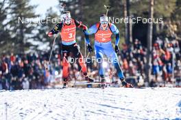 20.03.2022, Oslo, Norway (NOR): Emilien Jacquelin (FRA), Sturla Holm Laegreid (NOR), (l-r) - IBU World Cup Biathlon, mass men, Oslo (NOR). www.nordicfocus.com. © Manzoni/NordicFocus. Every downloaded picture is fee-liable.