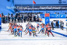 20.03.2022, Oslo, Norway (NOR): Quentin Fillon Maillet (FRA), Sebastian Samuelsson (SWE), Sturla Holm Laegreid (NOR), (l-r) - IBU World Cup Biathlon, mass men, Oslo (NOR). www.nordicfocus.com. © Manzoni/NordicFocus. Every downloaded picture is fee-liable.