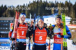 19.03.2022, Oslo, Norway (NOR): Sturla Holm Laegreid (NOR), Erik Lesser (GER), Quentin Fillon Maillet (FRA), (l-r) - IBU World Cup Biathlon, pursuit men, Oslo (NOR). www.nordicfocus.com. © Manzoni/NordicFocus. Every downloaded picture is fee-liable.