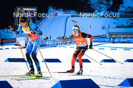 19.03.2022, Oslo, Norway (NOR): Quentin Fillon Maillet (FRA), Sturla Holm Laegreid (NOR), (l-r) - IBU World Cup Biathlon, pursuit men, Oslo (NOR). www.nordicfocus.com. © Manzoni/NordicFocus. Every downloaded picture is fee-liable.