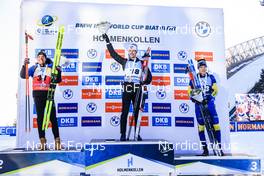 18.03.2022, Oslo, Norway (NOR): Quentin Fillon Maillet (FRA), Sturla Holm Laegreid (NOR), Sebastian Samuelsson (SWE), (l-r) - IBU World Cup Biathlon, sprint men, Oslo (NOR). www.nordicfocus.com. © Manzoni/NordicFocus. Every downloaded picture is fee-liable.