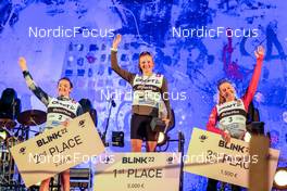 06.08.2022, Sandnes, Norway (NOR): Lou Jeanmonnot (FRA), Linn Persson (SWE), Ingrid Landmark Tandrevold (NOR), (l-r) - BLINK22 Festival Biathlon - Sandnes (NOR). www.nordicfocus.com. © Manzoni/NordicFocus. Every downloaded picture is fee-liable.