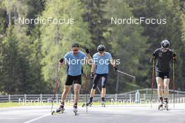 22.05.2022, Lenzerheide, Switzerland (SUI): Serafin Wiestner (SUI), Sandro Bovisi (SUI), Laurin Fravi (SUI), (l-r) - Biathlon summer training, Lenzerheide (SUI). www.nordicfocus.com. © Manzoni/NordicFocus. Every downloaded picture is fee-liable.
