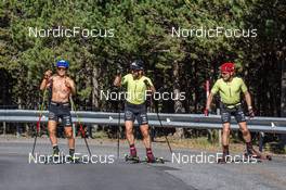 31.07.2022, Font-Romeu, France (FRA): Oscar Lombardot (FRA), Sebastien Mahon (FRA), Jacques Jefferies (FRA), (l-r) - Biathlon summer training, Font-Romeu (FRA). www.nordicfocus.com. © Authamayou/NordicFocus. Every downloaded picture is fee-liable.