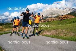 10.09.2022, Lavaze, Italy (ITA): Jesper Nelin (SWE), Malte Stefansson (SWE), Oskar Brandt (SWE), Peppe Femling (SWE), Sebastian Samuelsson (SWE), (l-r)  - Biathlon summer training, Lavaze (ITA). www.nordicfocus.com. © Barbieri/NordicFocus. Every downloaded picture is fee-liable.