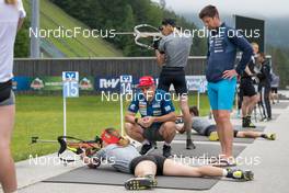 21,06.2022, Ruhpolding, Germany (GER): Ziva Klemencic (SLO); Ricco Gross (GER), coach Team Slovenia, Janez Maric (SLO), Lovro Planko (SLO), (l-r) - Biathlon summer training, Ruhpolding (GER). www.nordicfocus.com. © Wuktits/NordicFocus. Every downloaded picture is fee-liable.