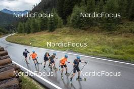 08.09.2022, Lavaze, Italy (ITA): Lukas Hofer (ITA), Oskar Brandt (SWE), Jesper Nelin (SWE), Peppe Femling (SWE), Martin Ponsiluoma (SWE), Sebastian Samuelsson (SWE), (l-r)  - Biathlon summer training, Lavaze (ITA). www.nordicfocus.com. © Vanzetta/NordicFocus. Every downloaded picture is fee-liable.
