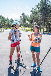 03.08.2022, Font-Romeu, France (FRA): Camille Coupe (FRA), Claire Breton (FRA), Coach Team France, (l-r) - Biathlon summer training, Font-Romeu (FRA). www.nordicfocus.com. © Authamayou/NordicFocus. Every downloaded picture is fee-liable.