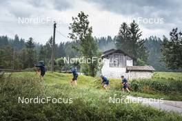 08.09.2022, Lavaze, Italy (ITA): Malte Stefansson (SWE), Martin Ponsiluoma (SWE), Jesper Nelin (SWE), Lukas Hofer (ITA), (l-r)  - Biathlon summer training, Lavaze (ITA). www.nordicfocus.com. © Vanzetta/NordicFocus. Every downloaded picture is fee-liable.