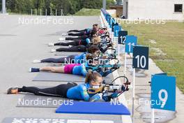 28.06.2022, Premanon, France (FRA): Group B at the shooting range with Gilonne Guigonnat (FRA), Camille Bened, Camille Coupe, Sophie Chauveau (FRA), Coralie Langel (FRA) and Oceane Michelon (FRA)  - Biathlon summer training, Premanon (FRA). www.nordicfocus.com. © Manzoni/NordicFocus. Every downloaded picture is fee-liable.