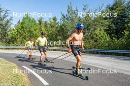 31.07.2022, Font-Romeu, France (FRA): Jacques Jefferies (FRA), Sebastien Mahon (FRA), Oscar Lombardot (FRA), (l-r) - Biathlon summer training, Font-Romeu (FRA). www.nordicfocus.com. © Authamayou/NordicFocus. Every downloaded picture is fee-liable.