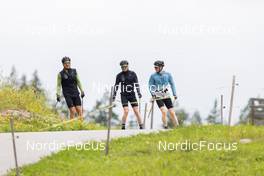 01.07.2022, Lenzerheide, Switzerland (SUI): Joscha Burkhalter (SUI), Sebastian Stalder (SUI), Gion Stalder (SUI), (l-r) - Biathlon summer training, Lenzerheide (SUI). www.nordicfocus.com. © Manzoni/NordicFocus. Every downloaded picture is fee-liable.