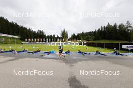 01.07.2022, Lenzerheide, Switzerland (SUI): Niklas Hartweg (SUI), Sandro Bovisi (SUI), Joscha Burkhalter (SUI), Dajan Danuser (SUI), Serafin Wiestner (SUI), Sebastian Stalder (SUI), Laurin Fravi (SUI), Nico Salutt (SUI), Gion Stalder (SUI), (l-r) - Biathlon summer training, Lenzerheide (SUI). www.nordicfocus.com. © Manzoni/NordicFocus. Every downloaded picture is fee-liable.