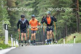 08.09.2022, Lavaze, Italy (ITA): Lukas Hofer (ITA), Oskar Brandt (SWE), Jesper Nelin (SWE), (l-r)  - Biathlon summer training, Lavaze (ITA). www.nordicfocus.com. © Vanzetta/NordicFocus. Every downloaded picture is fee-liable.