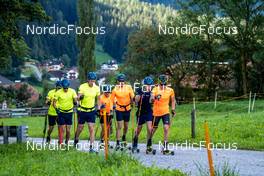 01.09.2022, Antholz, Italy (ITA): Oskar Brandt (SWE), Sebastian Samuelsson (SWE), Malte Stefansson (SWE), Martin Ponsiluoma (SWE), Jesper Nelin (SWE), Lukas Hofer (ITA), (l-r)  - Biathlon summer training, Antholz (ITA). www.nordicfocus.com. © Barbieri/NordicFocus. Every downloaded picture is fee-liable.