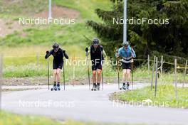 01.07.2022, Lenzerheide, Switzerland (SUI): Sebastian Stalder (SUI), Joscha Burkhalter (SUI), Gion Stalder (SUI), (l-r) - Biathlon summer training, Lenzerheide (SUI). www.nordicfocus.com. © Manzoni/NordicFocus. Every downloaded picture is fee-liable.