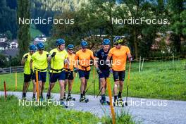 01.09.2022, Antholz, Italy (ITA): Peppe Femling (SWE), Oskar Brandt (SWE), Sebastian Samuelsson (SWE), Malte Stefansson (SWE), Martin Ponsiluoma (SWE), Jesper Nelin (SWE), Lukas Hofer (ITA), (l-r)  - Biathlon summer training, Antholz (ITA). www.nordicfocus.com. © Barbieri/NordicFocus. Every downloaded picture is fee-liable.