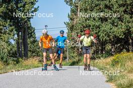 27.07.2022, Font-Romeu, France (FRA): Valentin Lejeune (FRA), Theo Guiraud Poillot (FRA), Jacques Jefferies (FRA), (l-r) - Biathlon summer training, Font-Romeu (FRA). www.nordicfocus.com. © Authamayou/NordicFocus. Every downloaded picture is fee-liable.
