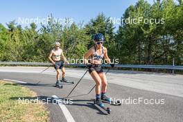 31.07.2022, Font-Romeu, France (FRA): Valentin Lejeune (FRA), Sophie Chauveau (FRA), (l-r) - Biathlon summer training, Font-Romeu (FRA). www.nordicfocus.com. © Authamayou/NordicFocus. Every downloaded picture is fee-liable.