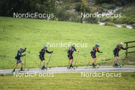 08.09.2022, Lavaze, Italy (ITA): Oskar Brandt (SWE), Sebastian Samuelsson (SWE), Lukas Hofer (ITA), Malte Stefansson (SWE), Jesper Nelin (SWE), (l-r)  - Biathlon summer training, Lavaze (ITA). www.nordicfocus.com. © Vanzetta/NordicFocus. Every downloaded picture is fee-liable.