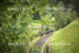 08.09.2022, Lavaze, Italy (ITA): Lukas Hofer (ITA), Jesper Nelin (SWE), Sebastian Samuelsson (SWE), Malte Stefansson (SWE), Martin Ponsiluoma (SWE), Oskar Brandt (SWE), Peppe Femling (SWE), (l-r)  - Biathlon summer training, Lavaze (ITA). www.nordicfocus.com. © Vanzetta/NordicFocus. Every downloaded picture is fee-liable.
