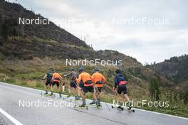 08.09.2022, Lavaze, Italy (ITA): Lukas Hofer (ITA), Oskar Brandt (SWE), Malte Stefansson (SWE), Jesper Nelin (SWE), Peppe Femling (SWE), Martin Ponsiluoma (SWE), Sebastian Samuelsson (SWE), (l-r)  - Biathlon summer training, Lavaze (ITA). www.nordicfocus.com. © Vanzetta/NordicFocus. Every downloaded picture is fee-liable.