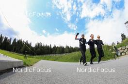 01.07.2022, Lenzerheide, Switzerland (SUI): Nico Salutt (SUI), Niklas Hartweg (SUI), Gion Stalder (SUI), (l-r) - Biathlon summer training, Lenzerheide (SUI). www.nordicfocus.com. © Manzoni/NordicFocus. Every downloaded picture is fee-liable.