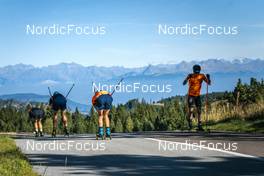 13.09.2022, Lavaze, Italy (ITA): Peppe Femling (SWE), Oskar Brandt (SWE), Martin Ponsiluoma (SWE), Lukas Hofer (ITA), (l-r)  - Biathlon summer training, Lavaze (ITA). www.nordicfocus.com. © Vanzetta/NordicFocus. Every downloaded picture is fee-liable.