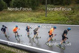 08.09.2022, Lavaze, Italy (ITA): Lukas Hofer (ITA), Oskar Brandt (SWE), Jesper Nelin (SWE), Peppe Femling (SWE), Martin Ponsiluoma (SWE), Sebastian Samuelsson (SWE), (l-r)  - Biathlon summer training, Lavaze (ITA). www.nordicfocus.com. © Vanzetta/NordicFocus. Every downloaded picture is fee-liable.
