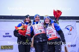 02.04.2022, Premanon, France (FRA): Chloe Chevalier (FRA), Anais Bescond (FRA), Lou Jeanmonnot (FRA), (l-r) - French Championships biathlon, mass, Premanon (FRA). www.nordicfocus.com. © Augustin Authamayou/NordicFocus. Every downloaded picture is fee-liable.
