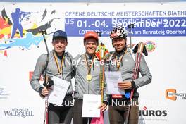 02.09.2022, Oberhof, Germany (GER): Lucas Fratzscher (GER), Philipp Horn (GER), Philipp Nawrath (GER), (l-r)  - German Championships biathon, individual men, Oberhof (GER). www.nordicfocus.com. © Deubert/NordicFocus. Every downloaded picture is fee-liable.