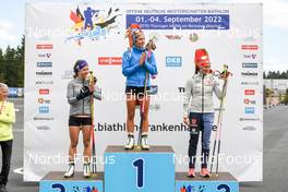 02.09.2022, Oberhof, Germany (GER): Marion Wiesensarter (GER), Sophia Schneider (GER), Juliane Fruhwirt (GER), (l-r) - German Championships biathon, individual women, Oberhof (GER). www.nordicfocus.com. © Deubert/NordicFocus. Every downloaded picture is fee-liable.