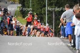 04.09.2022, Oberhof, Germany (GER): Lucas Lechner (GER), Simon Kaiser (GER), Justus Strelow (GER), Joscha Burkhalter (SUI), Marco Gross (GER), (l-r)  - German Championships biathon, pursuit men, Oberhof (GER). www.nordicfocus.com. © Deubert/NordicFocus. Every downloaded picture is fee-liable.