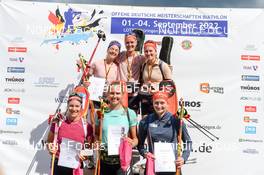 04.09.2022, Oberhof, Germany (GER): Marion Wiesensarter (GER), Denise Herrmann (GER), Janina Hettich Walz (GER), Sophia Schneider (GER), Lisa Spark (GER), Selina Kastl (GER), (l-r) - German Championships biathon, pursuit women, Oberhof (GER). www.nordicfocus.com. © Deubert/NordicFocus. Every downloaded picture is fee-liable.