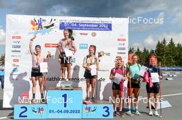 04.09.2022, Oberhof, Germany (GER): Marion Wiesensarter (GER), Denise Herrmann (GER), Janina Hettich Walz (GER), Sophia Schneider (GER), Lisa Spark (GER), Selina Kastl (GER), (l-r) - German Championships biathon, pursuit women, Oberhof (GER). www.nordicfocus.com. © Deubert/NordicFocus. Every downloaded picture is fee-liable.
