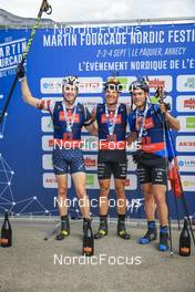 03.09.2022, Annecy, France (FRA): Sean Doherty (USA), Quentin Fillon Maillet (FRA), Antonin Guigonnat (FRA), (l-r) - Martin Fourcade Nordic Festival, Annecy (FRA). www.nordicfocus.com. © Manzoni/NordicFocus. Every downloaded picture is fee-liable.