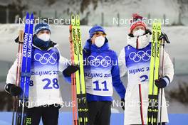 08.02.2022, Beijing, China (CHN): Anton Smolski (BLR), Quentin Fillon Maillet (FRA), Johannes Thingnes Boe (NOR), (l-r) - XXIV. Olympic Winter Games Beijing 2022, Biathlon, individual men, Beijing (CHN). www.nordicfocus.com. © Manzoni/NordicFocus. Every downloaded picture is fee-liable.