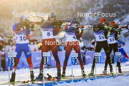 18.02.2022, Beijing, China (CHN): Alexander Loginov (ROC), Vetle Sjaastad Christiansen (NOR), Tarjei Boe (NOR), Johannes Kuehn (GER), Roman Rees (GER), (l-r) - XXIV. Olympic Winter Games Beijing 2022, Biathlon, mass men, Beijing (CHN). www.nordicfocus.com. © Manzoni/NordicFocus. Every downloaded picture is fee-liable.