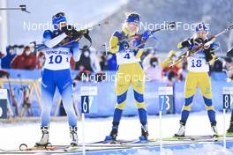 18.02.2022, Beijing, China (CHN): Justine Braisaz-Bouchet (FRA), Elvira Oeberg (SWE), Linn Persson (SWE), (l-r) - XXIV. Olympic Winter Games Beijing 2022, Biathlon, mass women, Beijing (CHN). www.nordicfocus.com. © Manzoni/NordicFocus. Every downloaded picture is fee-liable.
