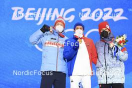 14.02.2022, Beijing, China (CHN): Tarjei Boe (NOR), Quentin Fillon Maillet (FRA), Eduard Latypov (ROC), (l-r) - XXIV. Olympic Winter Games Beijing 2022, Biathlon, medals, Beijing (CHN). www.nordicfocus.com. © Manzoni/NordicFocus. Every downloaded picture is fee-liable.