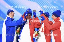 15.02.2022, Beijing, China (CHN): Fabien Claude (FRA), Emilien Jacquelin (FRA), Simon Desthieux (FRA), Quentin Fillon Maillet (FRA), (l-r) - XXIV. Olympic Winter Games Beijing 2022, Biathlon, medals, Beijing (CHN). www.nordicfocus.com. © Manzoni/NordicFocus. Every downloaded picture is fee-liable.