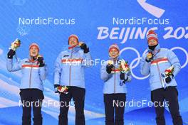 06.02.2022, Beijing, China (CHN): Marte Olsbu Roeiseland (NOR), Tarjei Boe (NOR), Tiril Eckhoff (NOR), Johannes Thingnes Boe (NOR), (l-r) - XXIV. Olympic Winter Games Beijing 2022, Biathlon, medals, Beijing (CHN). www.nordicfocus.com. © Manzoni/NordicFocus. Every downloaded picture is fee-liable.