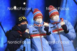 19.02.2022, Beijing, China (CHN): Martin Ponsiluoma (SWE), Johannes Thingnes Boe (NOR), Vetle Sjaastad Christiansen (NOR), (l-r) - XXIV. Olympic Winter Games Beijing 2022, Biathlon, medals, Beijing (CHN). www.nordicfocus.com. © Manzoni/NordicFocus. Every downloaded picture is fee-liable.