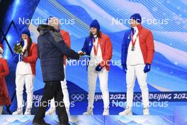 06.02.2022, Beijing, China (CHN): Anais Chevalier-Bouchet (FRA), Emilien Jacquelin (FRA), Julia Simon (FRA), Quentin Fillon Maillet (FRA), (l-r) - XXIV. Olympic Winter Games Beijing 2022, Biathlon, medals, Beijing (CHN). www.nordicfocus.com. © Manzoni/NordicFocus. Every downloaded picture is fee-liable.