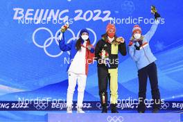 08.02.2022, Beijing, China (CHN): Anais Chevalier-Bouchet (FRA), Denise Herrmann (GER), Marte Olsbu Roeiseland (NOR), (l-r) - XXIV. Olympic Winter Games Beijing 2022, Biathlon, medals, Beijing (CHN). www.nordicfocus.com. © Manzoni/NordicFocus. Every downloaded picture is fee-liable.